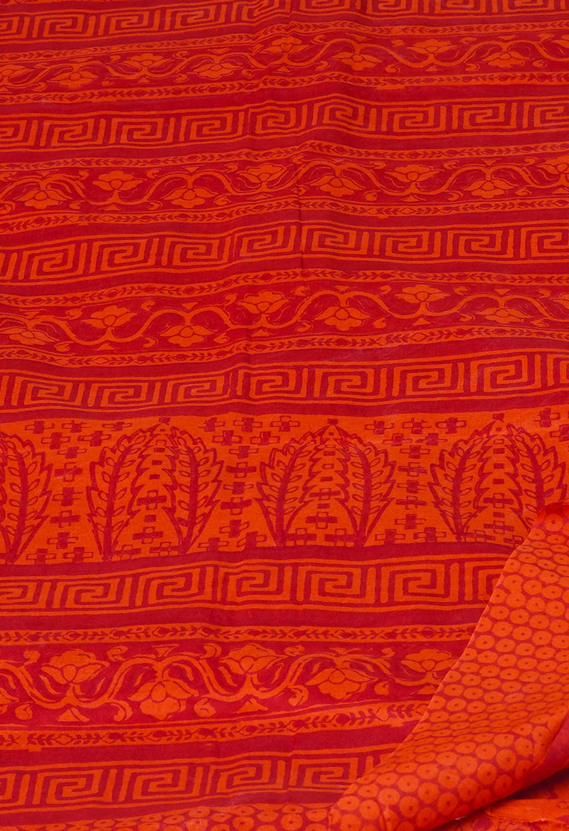 Red Pure  Block Printed Superfine Mulmul Cotton Saree-UNM73864