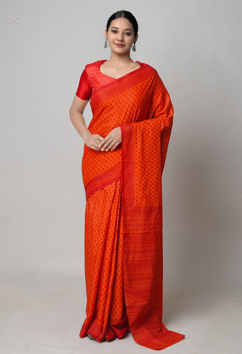 Red Pure  Block Printed Superfine Mulmul Cotton Saree-UNM73866