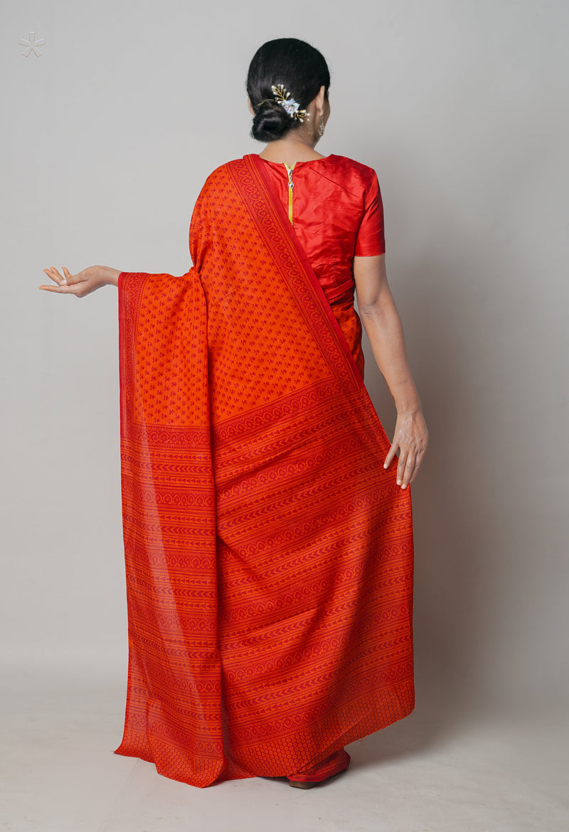 Red Pure  Block Printed Superfine Mulmul Cotton Saree-UNM73866