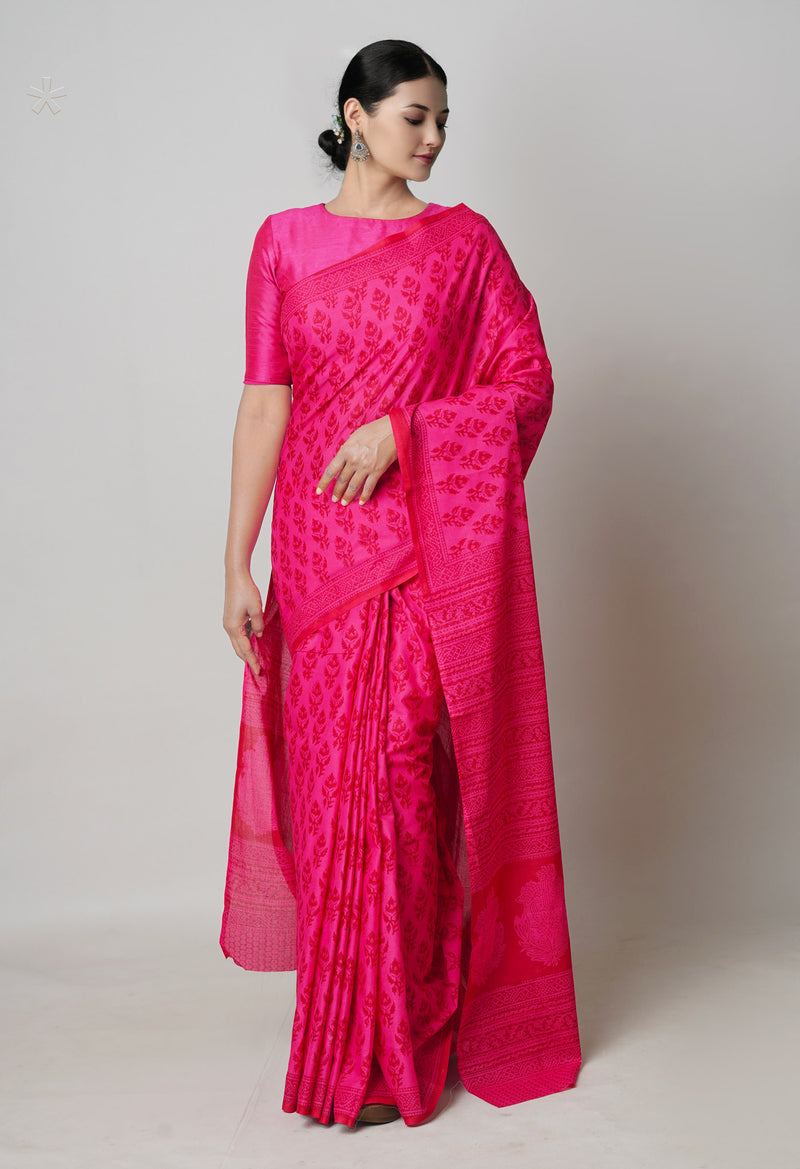 Pink Pure  Block Printed Superfine Mulmul Cotton Saree-UNM73867