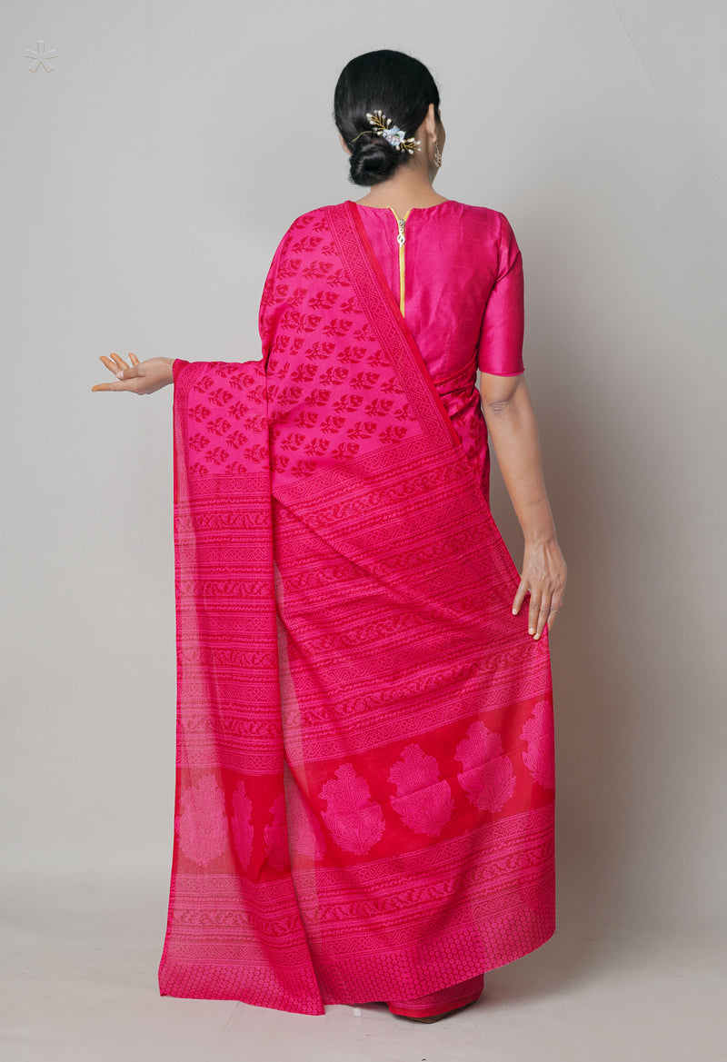 Pink Pure  Block Printed Superfine Mulmul Cotton Saree-UNM73867