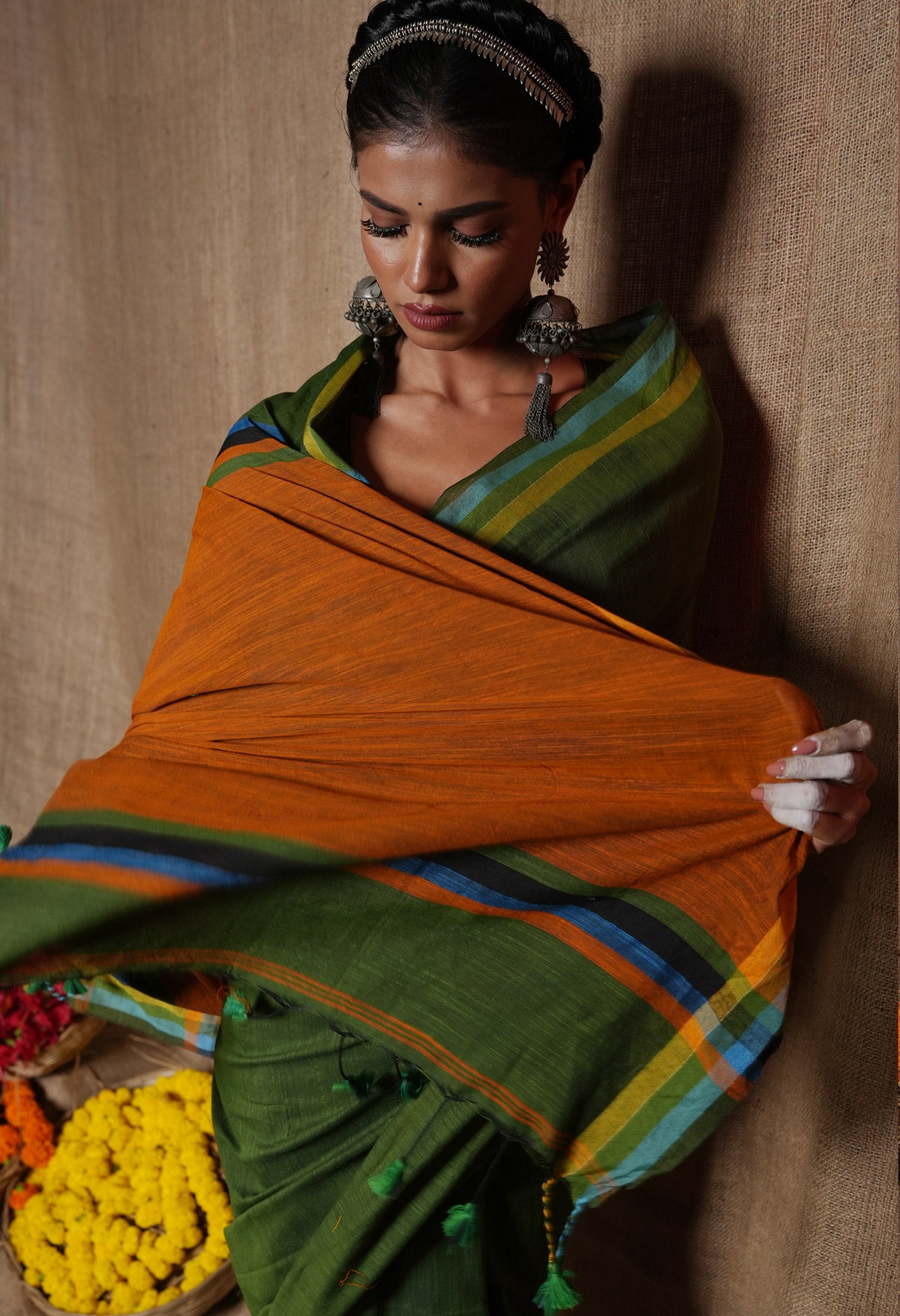 Green-Orange Pure  Plain Contrast Pallu Cotton Linen Saree-UNM73870