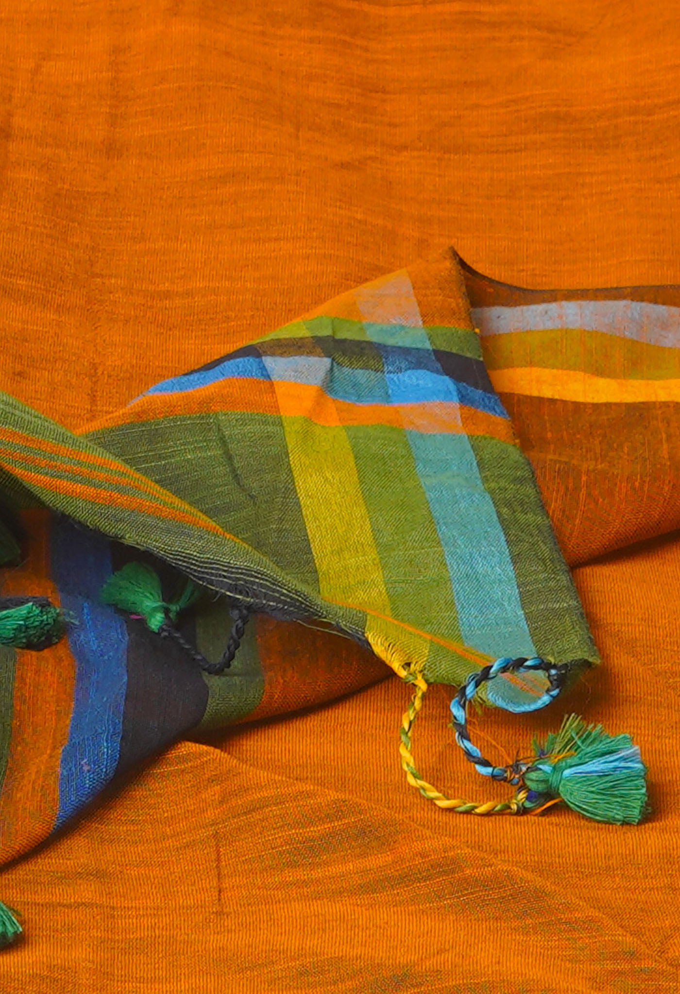 Green-Orange Pure  Plain Contrast Pallu Cotton Linen Saree-UNM73870