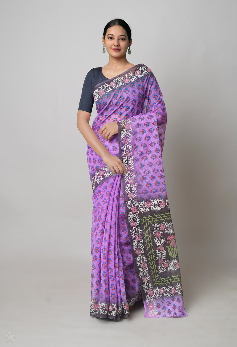 Violet Pure  Block Printed Kota Cotton Saree With Kalamkari Printed Blouse Piece-UNM73880