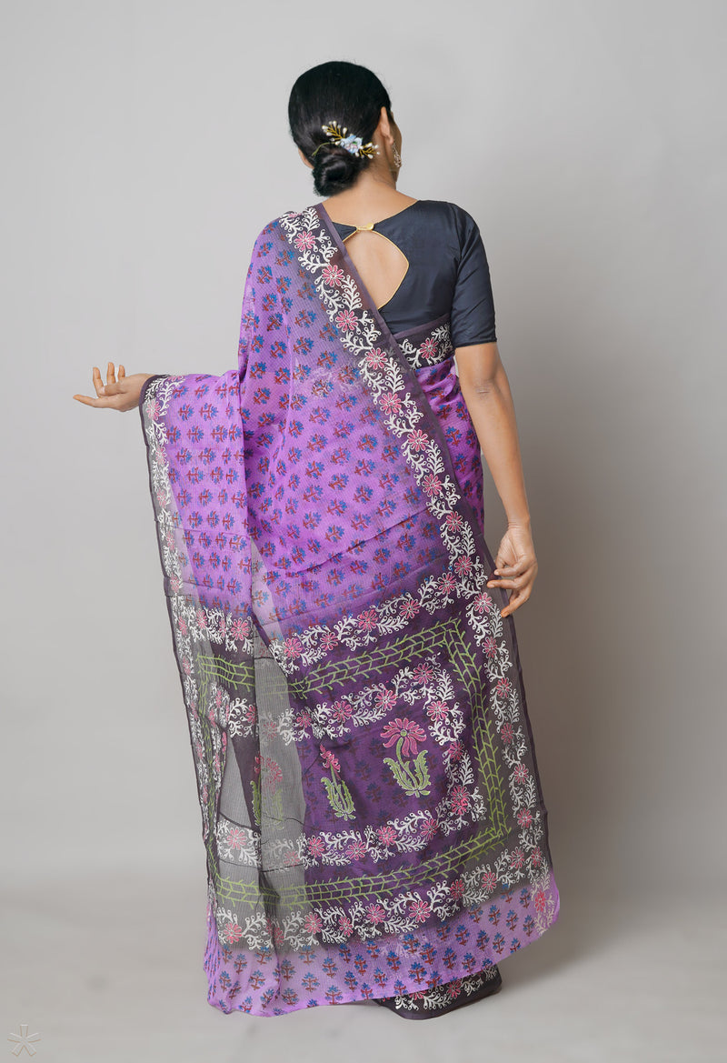 Violet Pure  Block Printed Kota Cotton Saree With Kalamkari Printed Blouse Piece-UNM73880