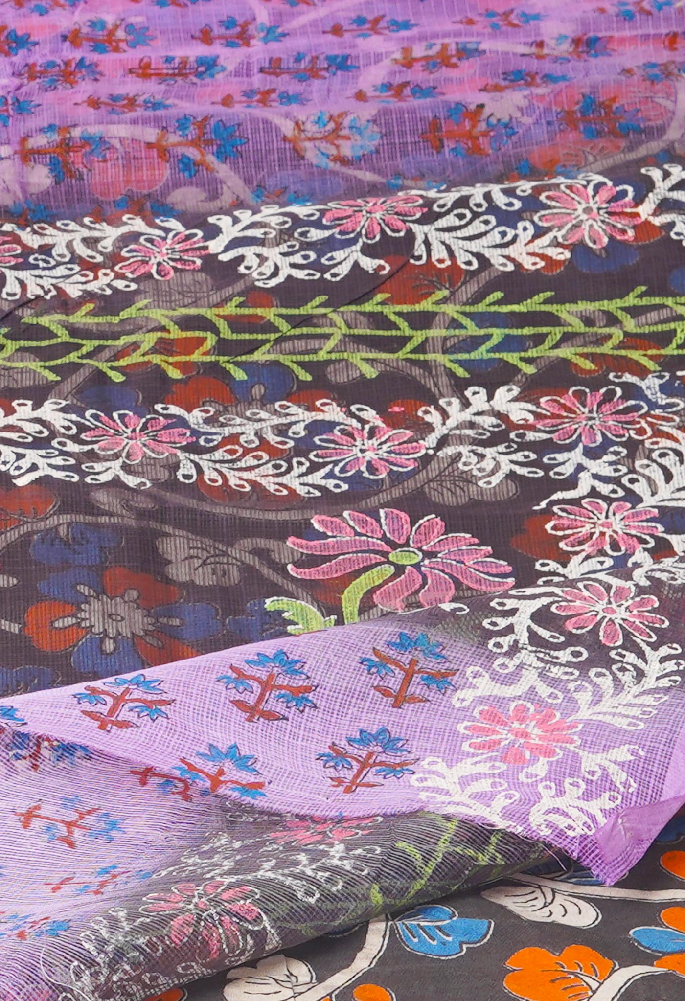 Violet Pure Block Printed Kota Cotton Saree With Kalamkari Printed Blouse Piece