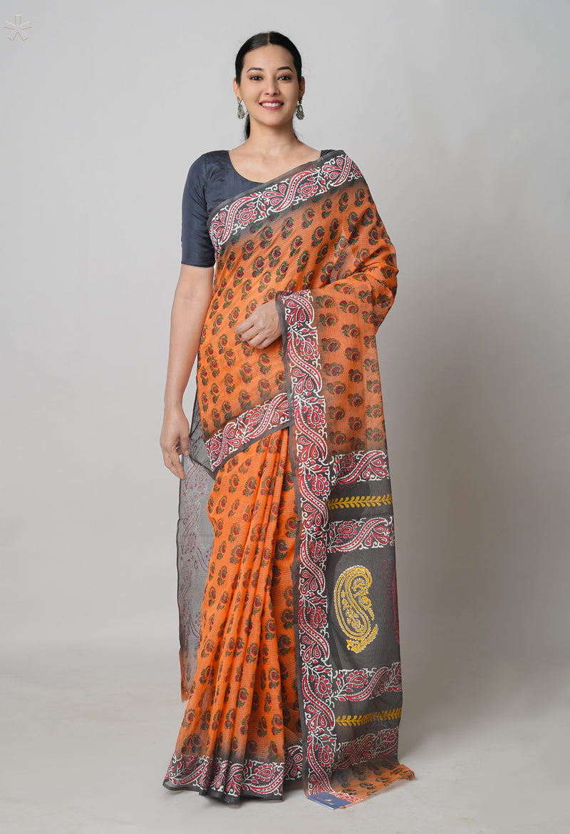 Orange Pure  Block Printed Kota Cotton Saree With Kalamkari Printed Blouse Piece-UNM73881