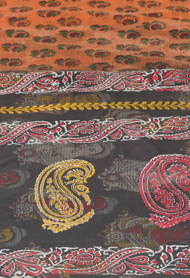 Orange Pure  Block Printed Kota Cotton Saree With Kalamkari Printed Blouse Piece-UNM73881