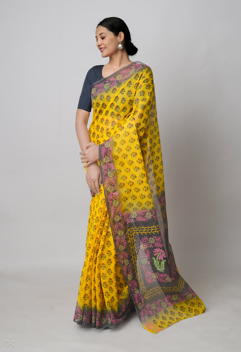 Yellow Pure  Block Printed Kota Cotton Saree With Kalamkari Printed Blouse Piece-UNM73882
