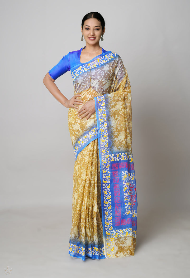 Cream Pure  Block Printed Kota Cotton Saree With Kalamkari Printed Blouse Piece-UNM73883
