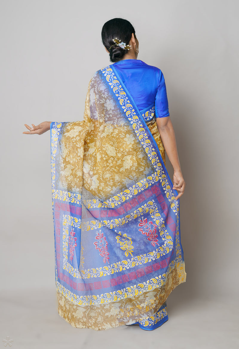 Cream Pure  Block Printed Kota Cotton Saree With Kalamkari Printed Blouse Piece-UNM73883
