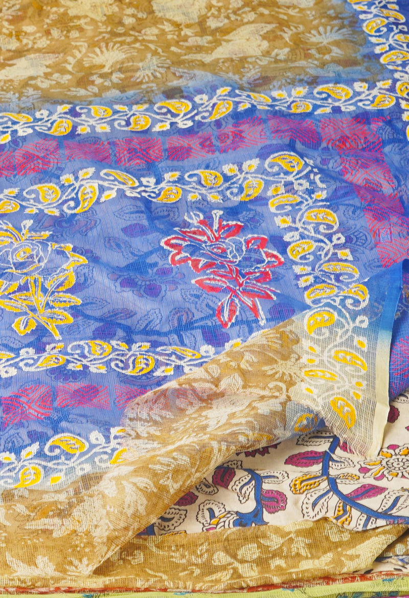 Cream Pure  Block Printed Kota Cotton Saree With Kalamkari Printed Blouse Piece-UNM73883