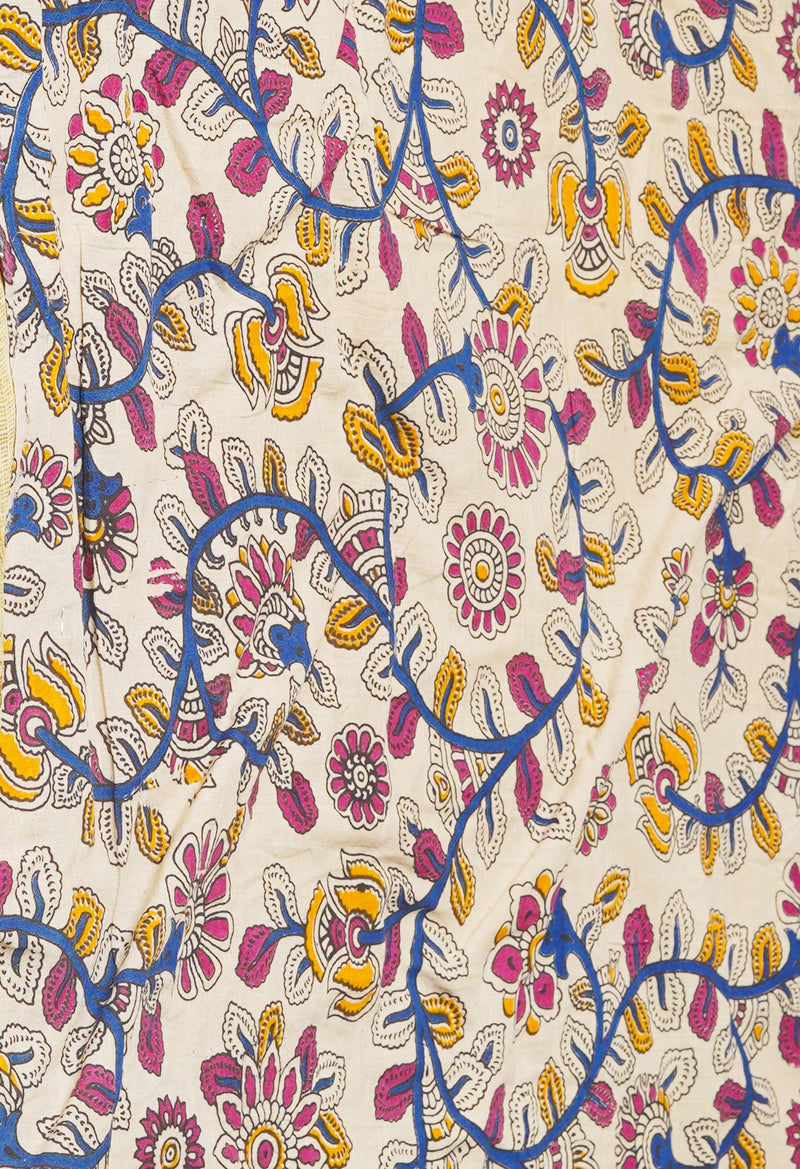 Cream Pure  Block Printed Kota Cotton Saree With Kalamkari Printed Blouse Piece-UNM73883