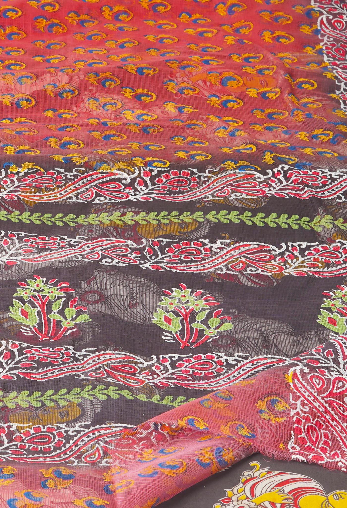 Red Pure Kota Cotton Saree With Kalamkari Printed Blouse Piece