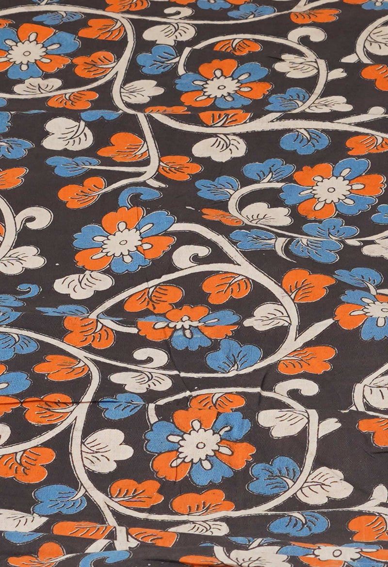 Orange Pure  Block Printed Kota Cotton Saree With Kalamkari Printed Blouse Piece-UNM73885