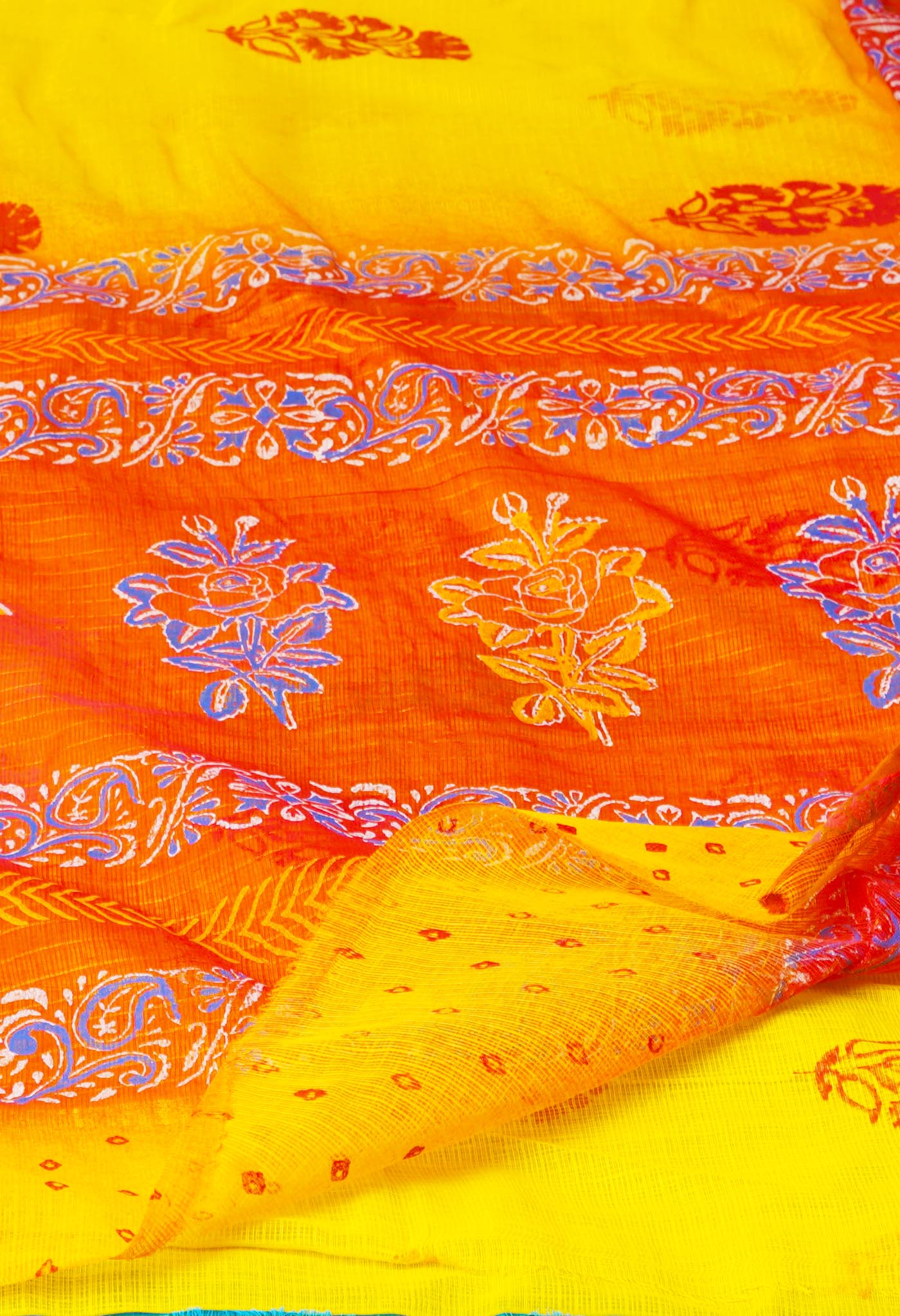 Yellow Pure Block Printed Kota Cotton Saree With Kalamkari Printed Blouse Piece
