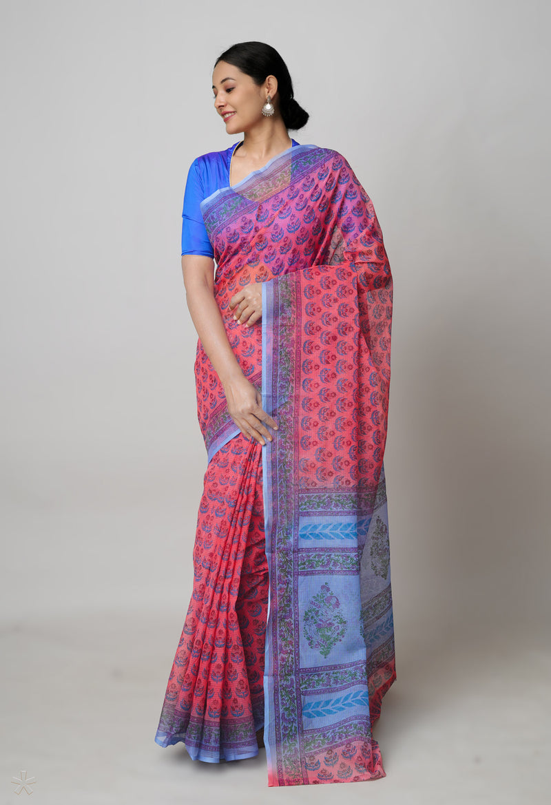 Peach Red Pure  Block Printed Kota Cotton Saree With Kalamkari Printed Blouse Piece-UNM73888