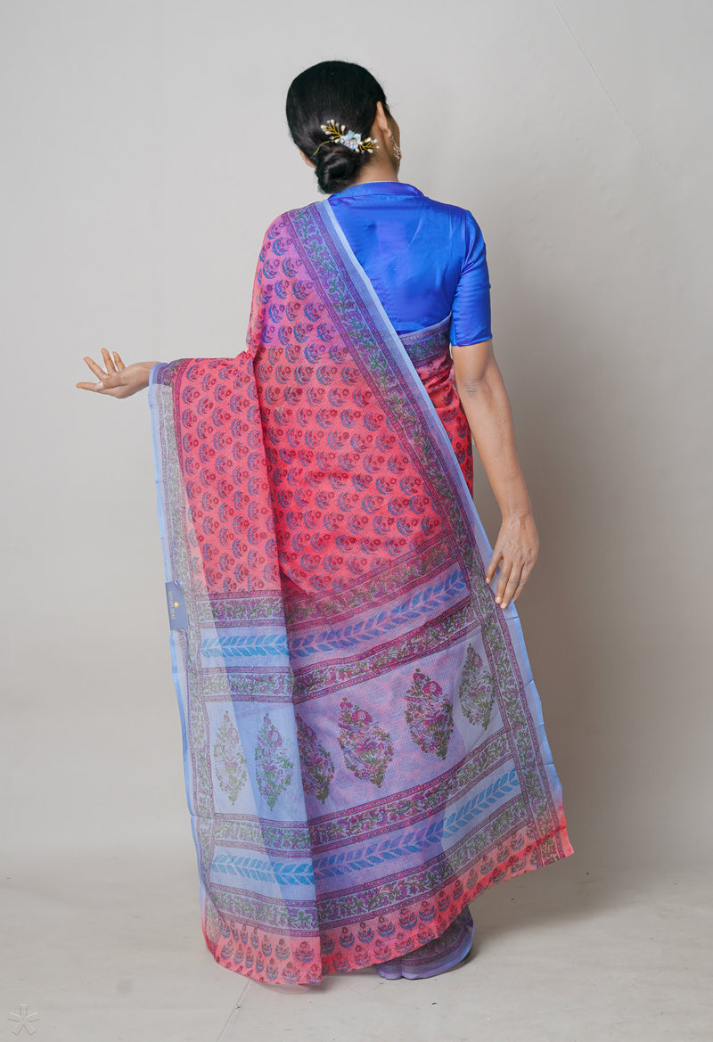 Peach Red Pure  Block Printed Kota Cotton Saree With Kalamkari Printed Blouse Piece-UNM73888