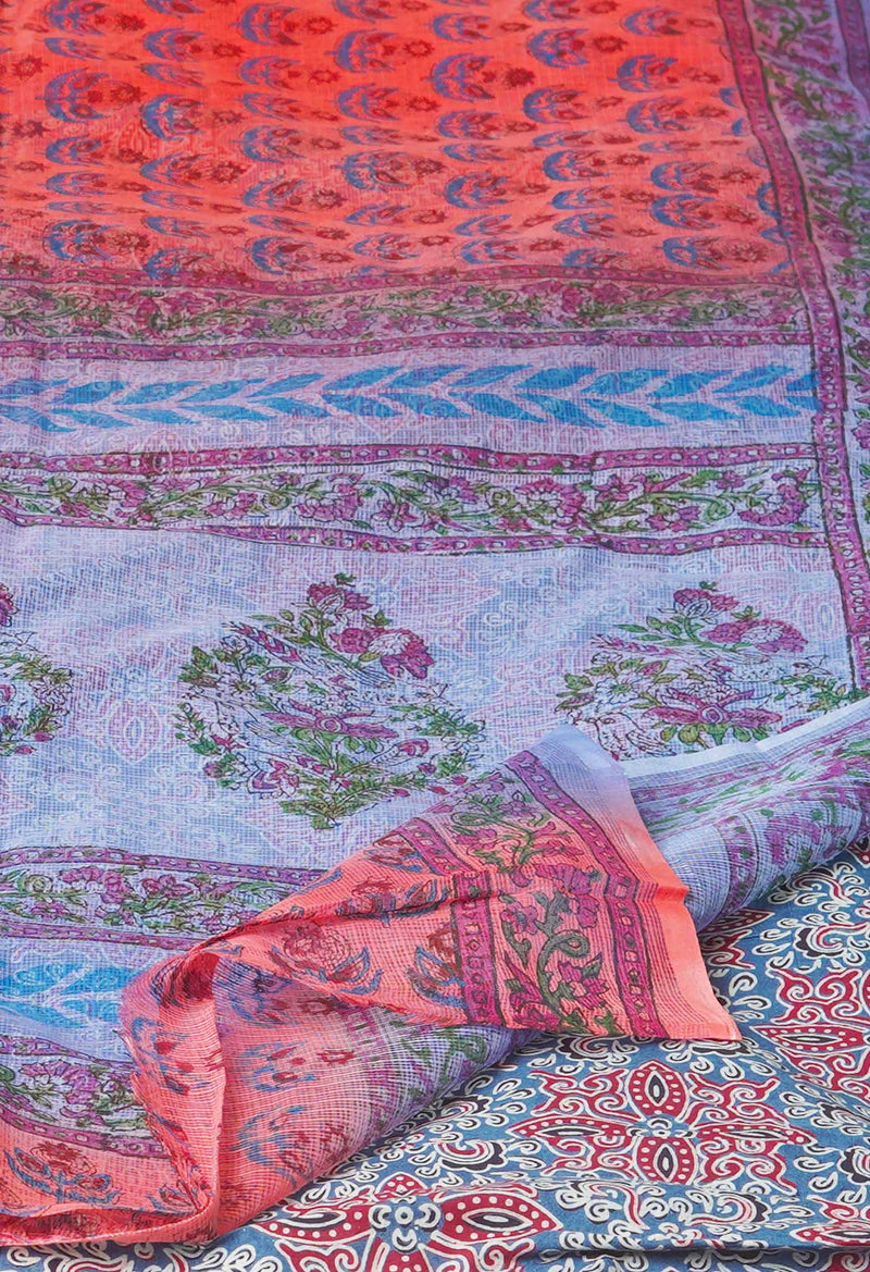 Peach Red Pure  Block Printed Kota Cotton Saree With Kalamkari Printed Blouse Piece-UNM73888