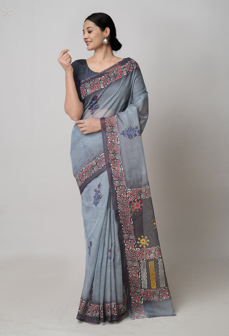 Grey Pure  Block Printed Kota Cotton Saree With Kalamkari Printed Blouse Piece-UNM73889