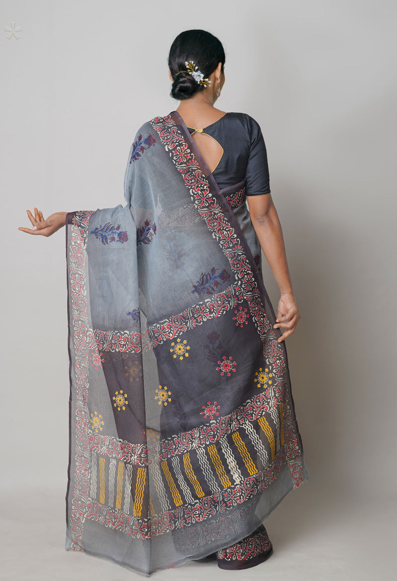 Grey Pure  Block Printed Kota Cotton Saree With Kalamkari Printed Blouse Piece-UNM73889