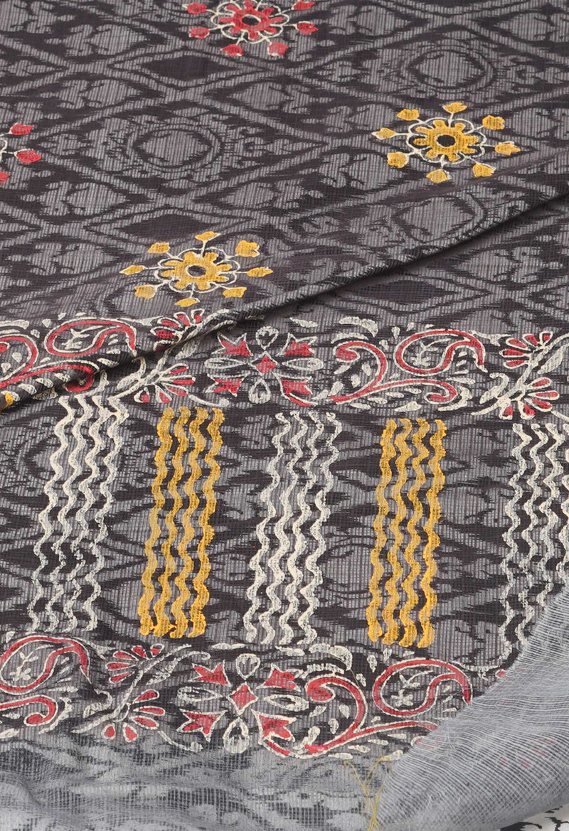 Grey Pure  Block Printed Kota Cotton Saree With Kalamkari Printed Blouse Piece-UNM73889