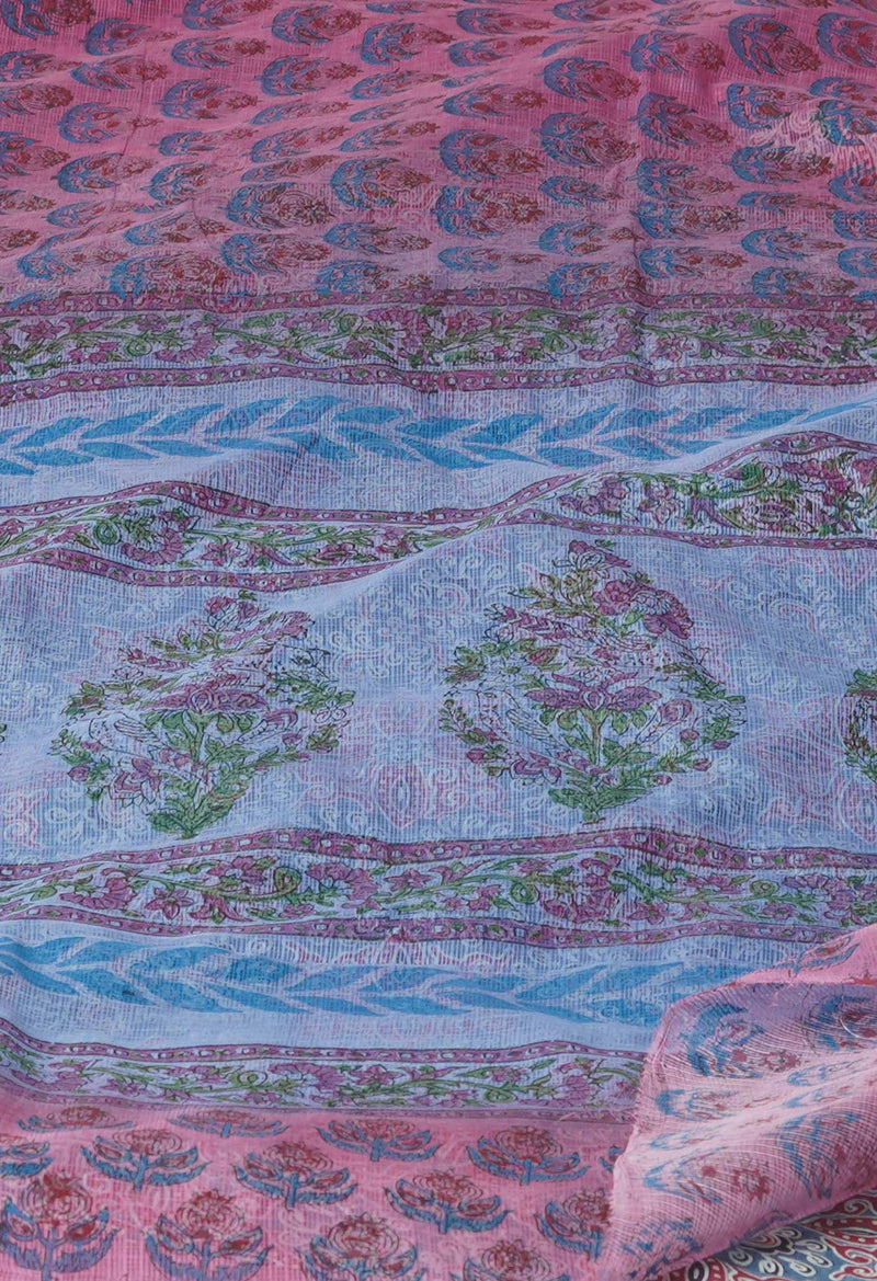 Pink Pure  Block Printed Kota Cotton Saree With Kalamkari Printed Blouse Piece-UNM73892