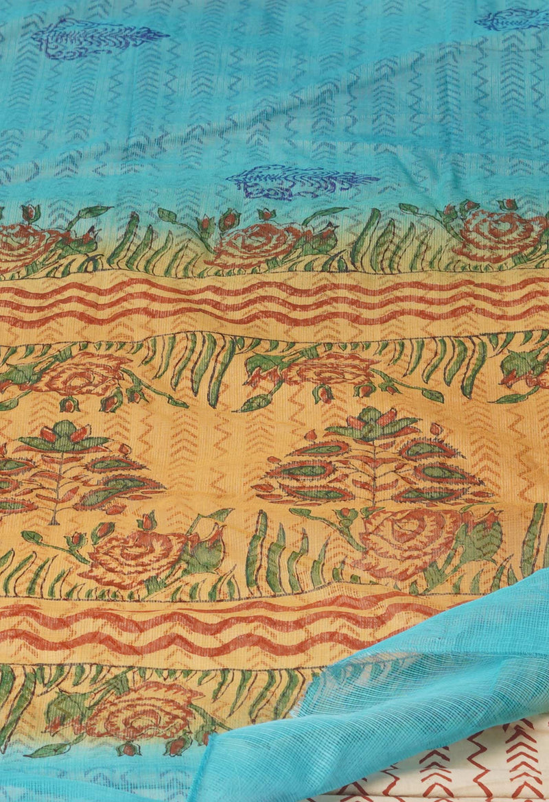 Blue Pure  Block Printed Kota Cotton Saree With Kalamkari Printed Blouse Piece-UNM73893