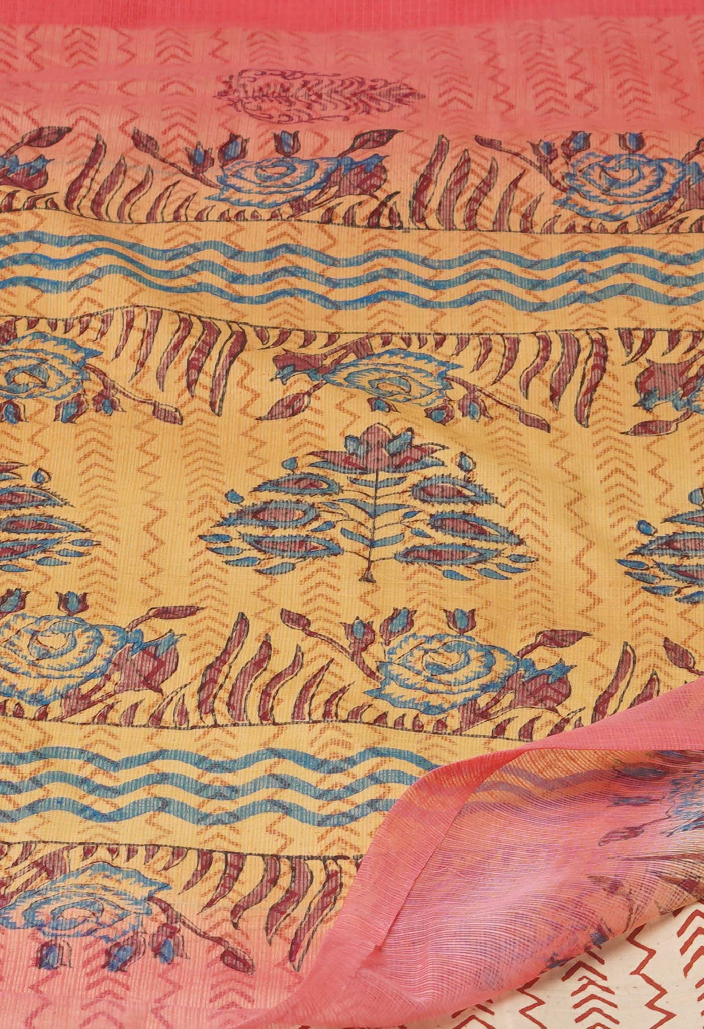 Orange Pure Block Printed Kota Cotton Saree With Kalamkari Printed Blouse Piece