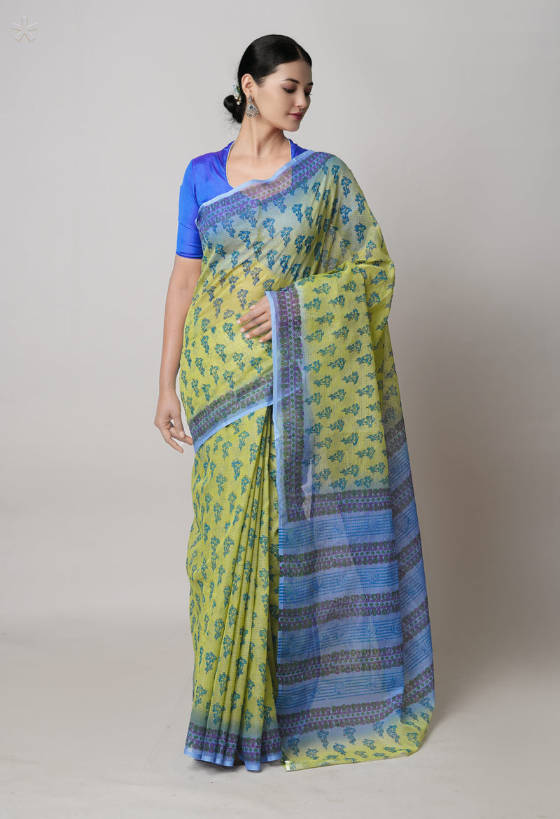 Green Pure  Block Printed Kota Cotton Saree With Kalamkari Printed Blouse Piece-UNM73895