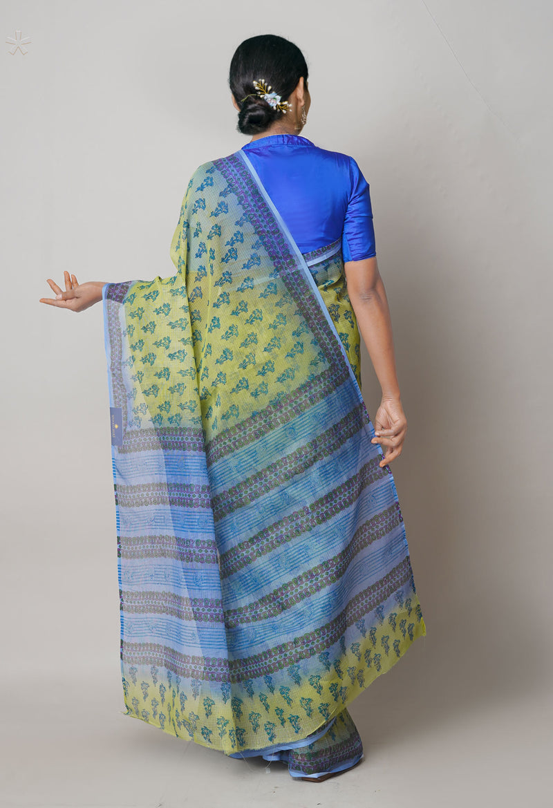 Green Pure  Block Printed Kota Cotton Saree With Kalamkari Printed Blouse Piece-UNM73895