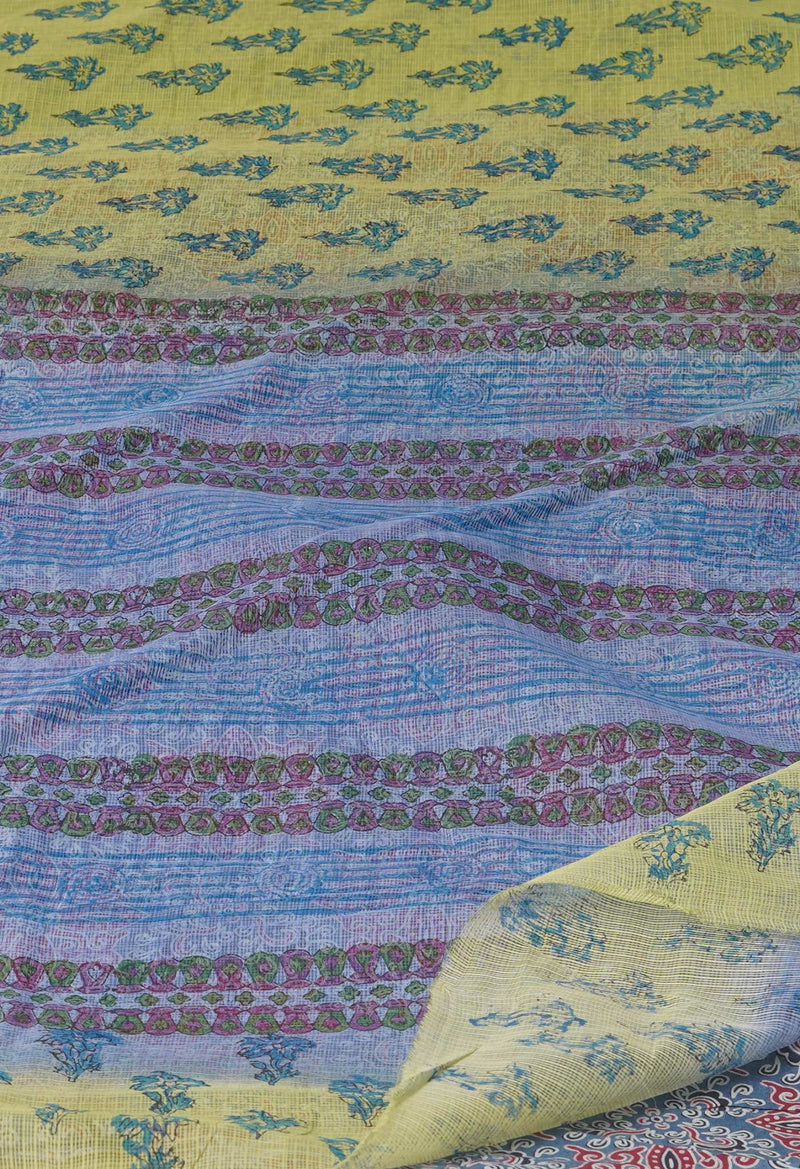 Green Pure  Block Printed Kota Cotton Saree With Kalamkari Printed Blouse Piece-UNM73895