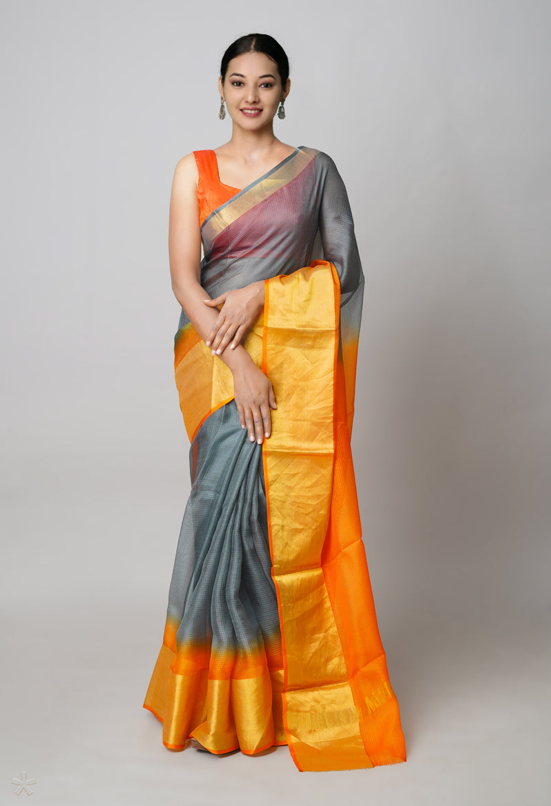 Grey-Orange Pure  Dyed Kota Silk Saree-UNM73898