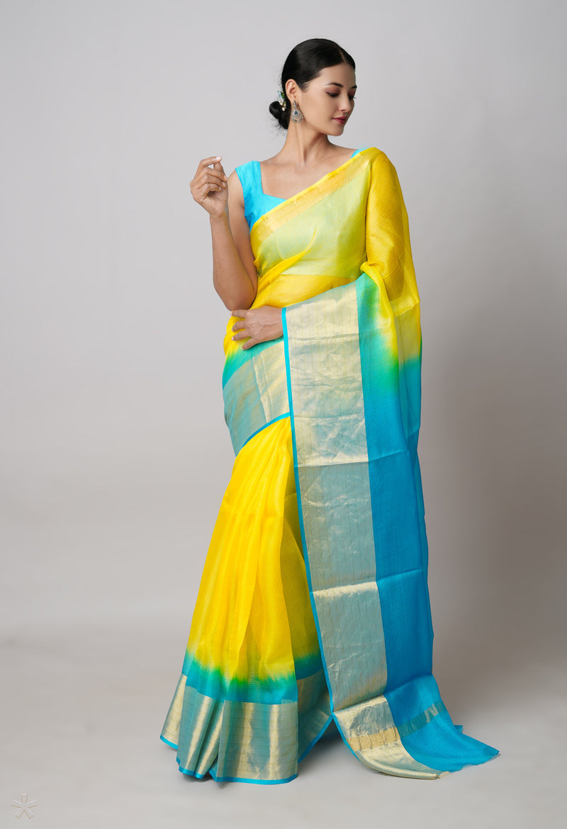 Yellow-Blue Pure  Dyed Kota Silk Saree-UNM73902