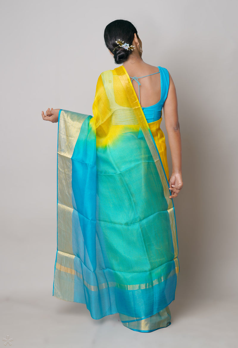 Yellow-Blue Pure  Dyed Kota Silk Saree-UNM73902