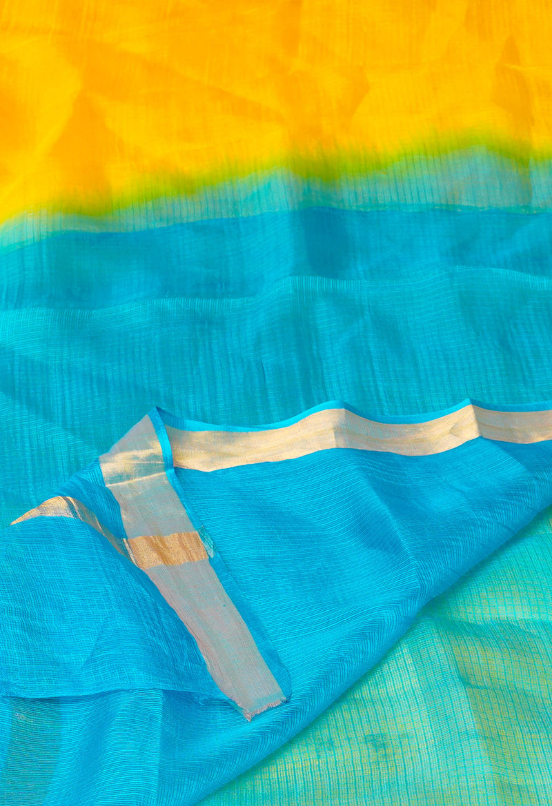 Yellow-Blue Pure  Dyed Kota Silk Saree-UNM73902