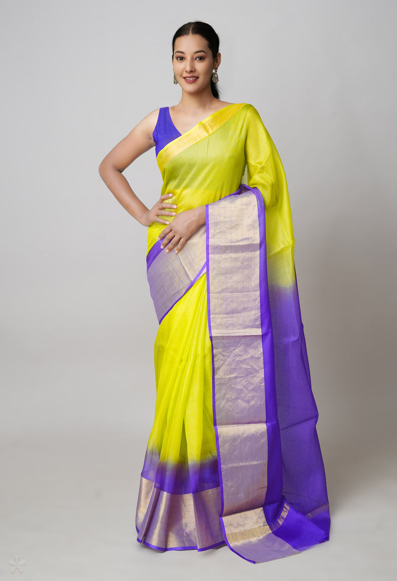 Parrot Green-Violet Pure  Dyed Kota Silk Saree-UNM73905