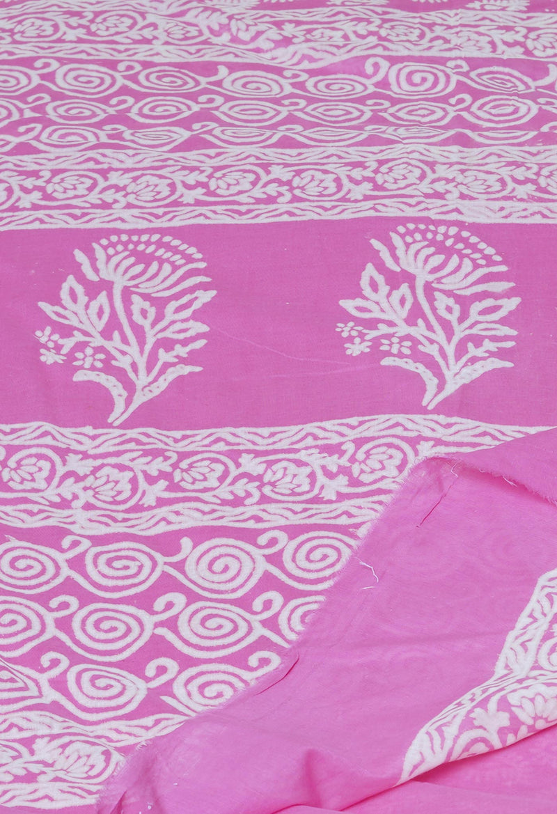 Baby Pink Pure  Hand Block Printed Discharge Superfine Mulmul Cotton Saree-UNM73927