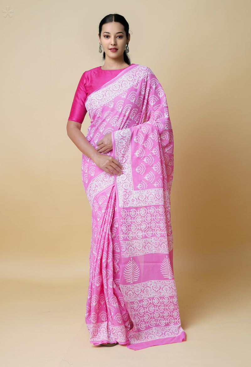 Baby Pink Pure  Hand Block Printed Discharge Superfine Mulmul Cotton Saree-UNM73930
