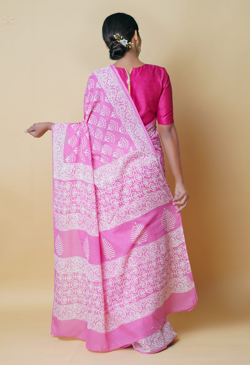 Baby Pink Pure  Hand Block Printed Discharge Superfine Mulmul Cotton Saree-UNM73930