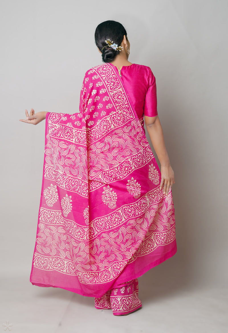 Pink Pure  Hand Block Printed Discharge Superfine Mulmul Cotton Saree-UNM73932