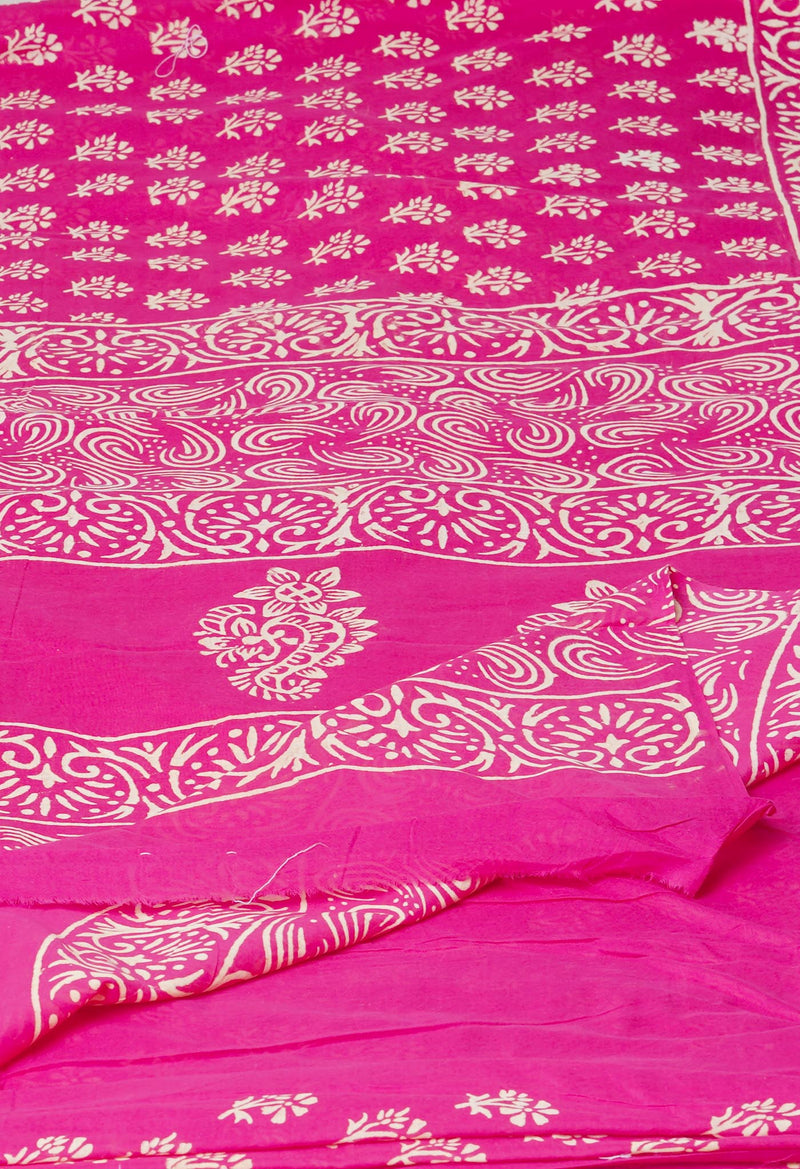 Pink Pure  Hand Block Printed Discharge Superfine Mulmul Cotton Saree-UNM73932