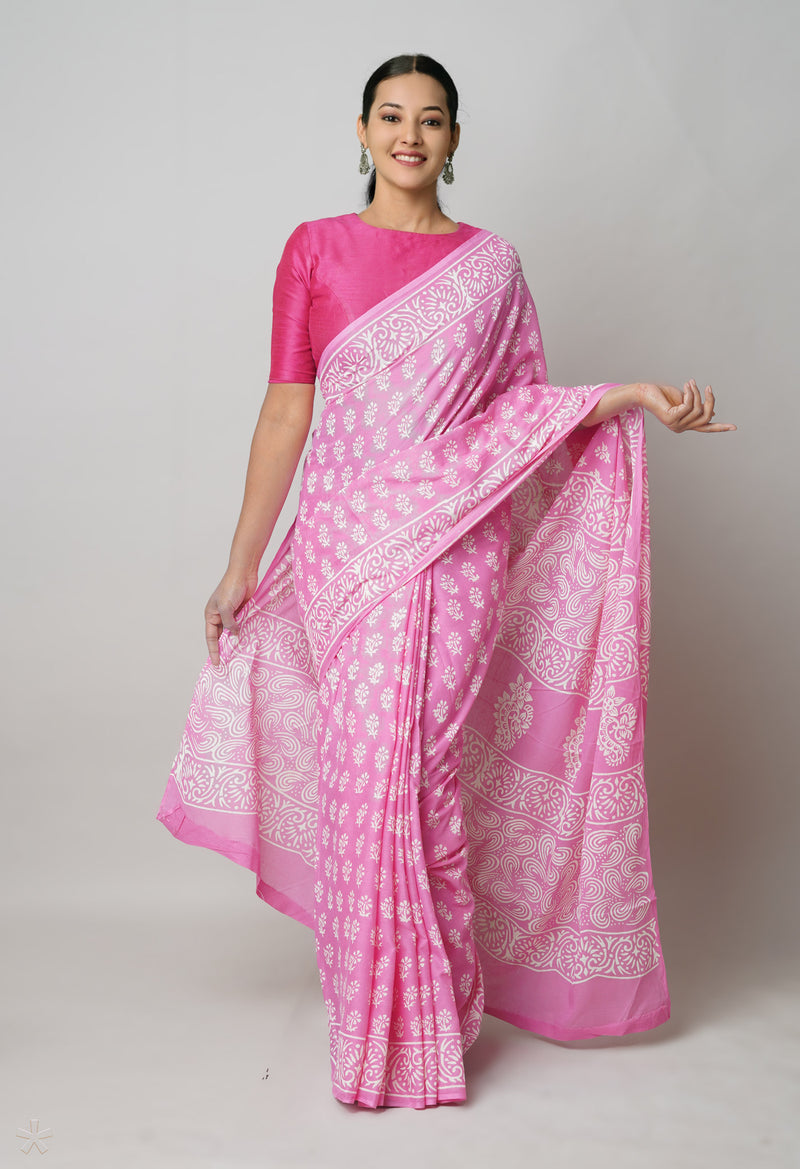 Baby Pink Pure  Hand Block Printed Discharge Superfine Mulmul Cotton Saree-UNM73933