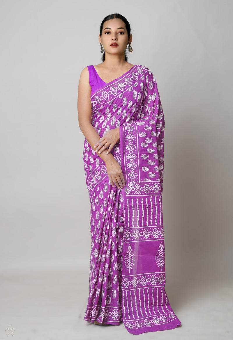 Purple Pure  Hand Block Printed Discharge Superfine Mulmul Cotton Saree-UNM73935