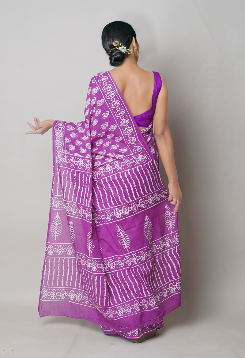 Purple Pure  Hand Block Printed Discharge Superfine Mulmul Cotton Saree-UNM73935