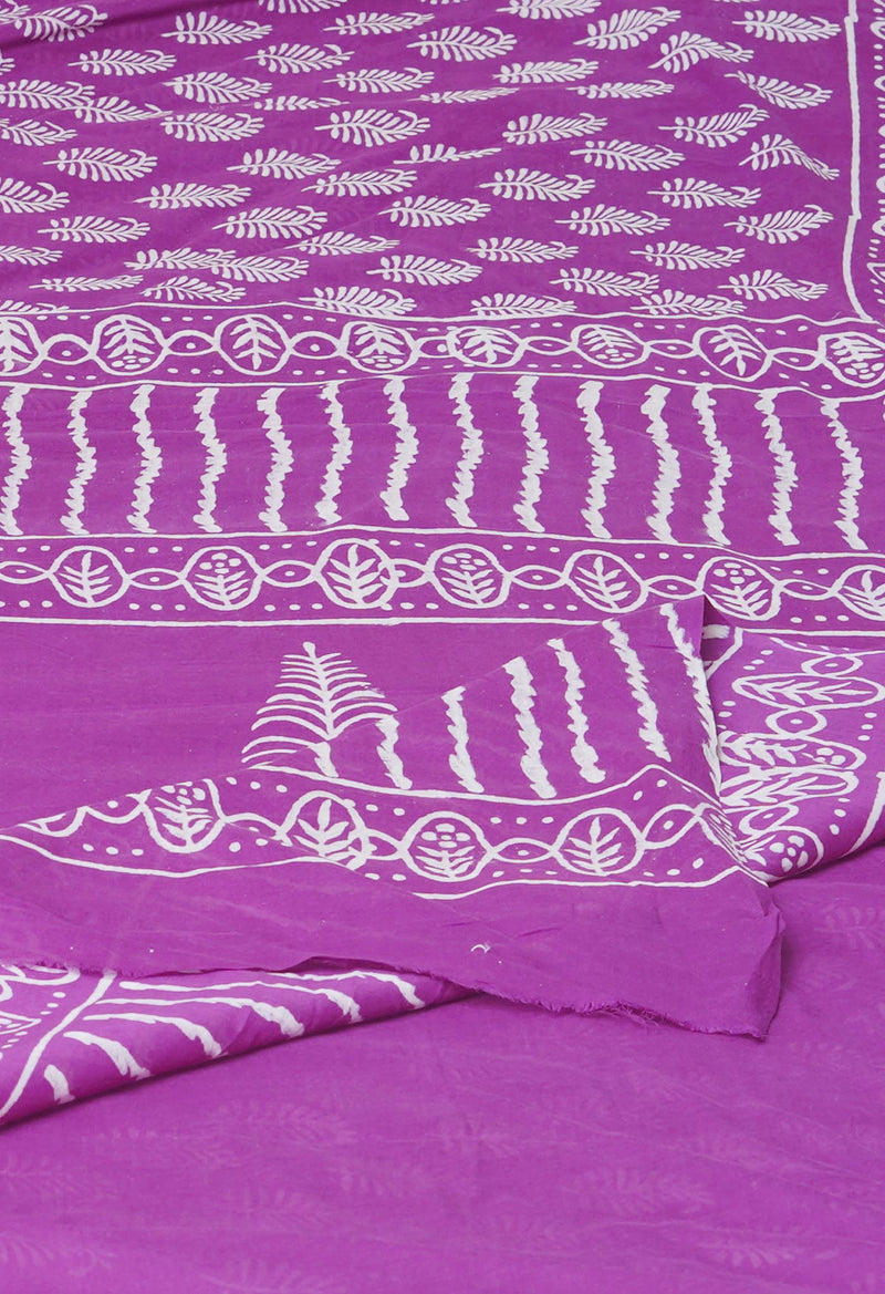 Purple Pure  Hand Block Printed Discharge Superfine Mulmul Cotton Saree-UNM73935