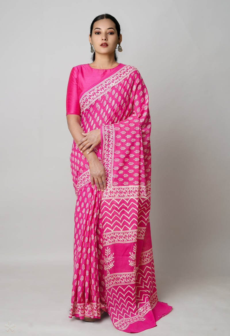 Pink Pure  Hand Block Printed Discharge Superfine Mulmul Cotton Saree-UNM73936