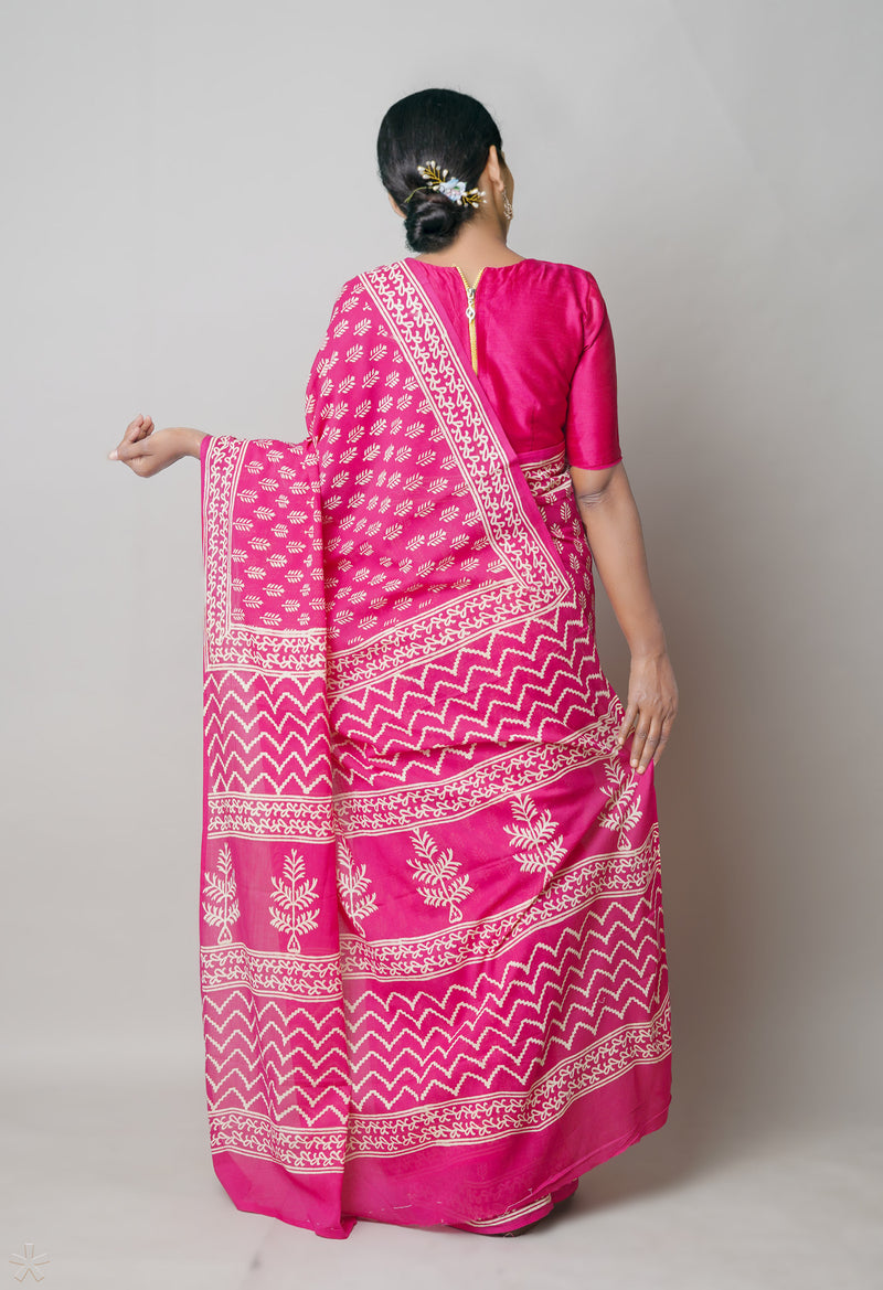 Pink Pure  Hand Block Printed Discharge Superfine Mulmul Cotton Saree-UNM73936