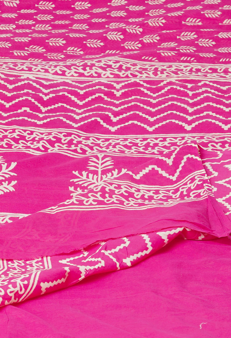 Pink Pure  Hand Block Printed Discharge Superfine Mulmul Cotton Saree-UNM73936