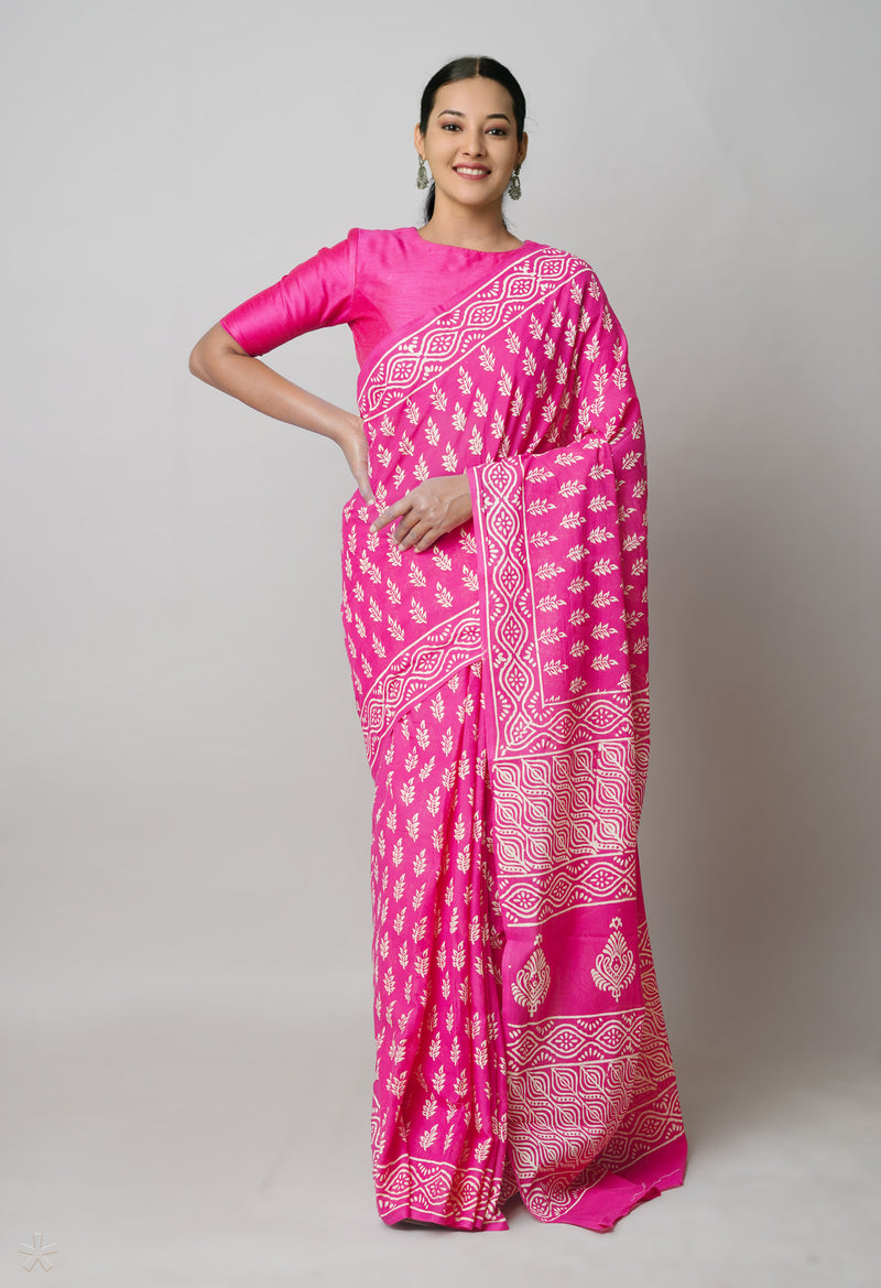 Pink Pure  Hand Block Printed Discharge Superfine Mulmul Cotton Saree-UNM73939